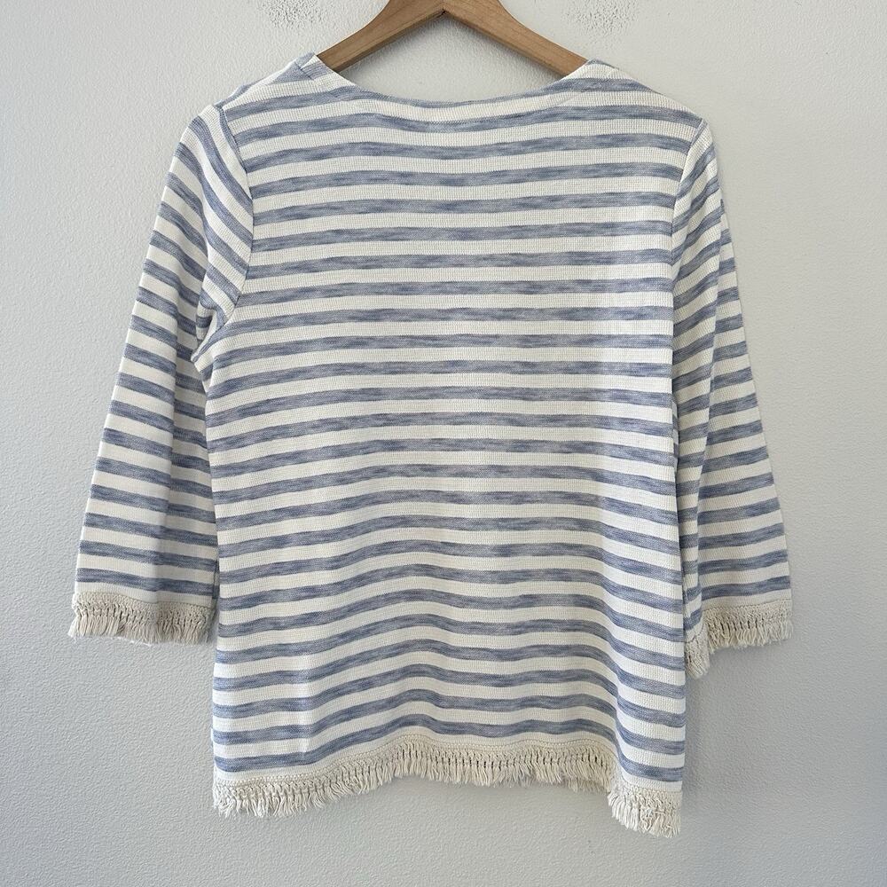 J. Jill Tunic Shirt S White Blue Lagenlook Fringe Hem Stripe Coastal 100% Cotton - Picture 8 of 11